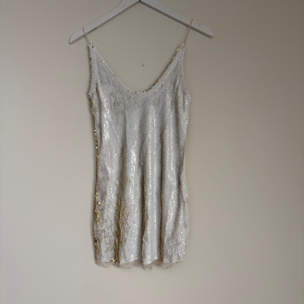 Intimately Free People Sequin Mini Slip Dress White Gold Lace Trim XS